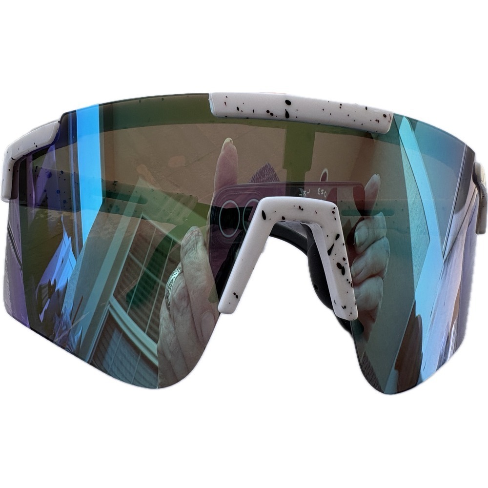 Mens White Splatter Shield Sunglasses Blue Mirrored Lens Athletic‎ Sport Shades